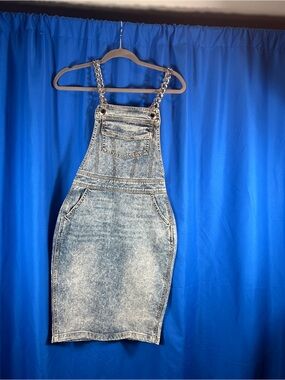 S by Serena Acid Wash Denim Overall Dress with Chain Straps